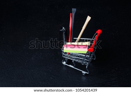 toy mini food cart with stationery (red pen, black pen, stapler)