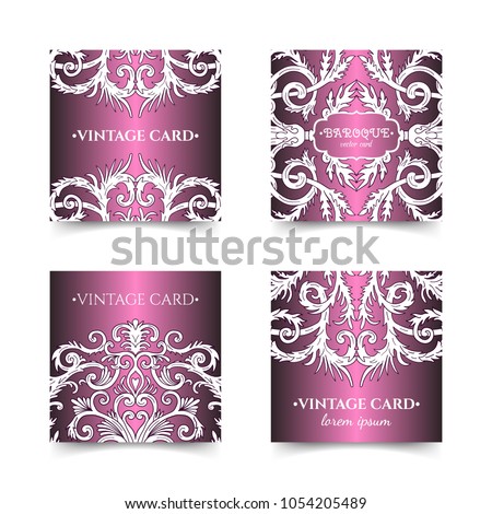 French baroque elegant ornate pink visiting cards. Luxurious fashionable ornamental flyer design. Vintage fancy ornament decoration. Pathetic retro embellishment. EPS 10 vector brochure template