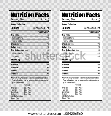 Nutrition Facts information label template. Daily value ingredient calories, cholesterol and fats in grams and percent. Flat design, vector illustration on background Royalty-Free Stock Photo #1054206560