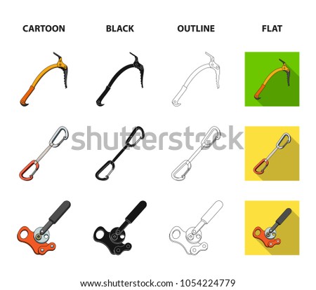 An ice ax, a carbine and other equipment.Mountaineering set collection icons in cartoon,black,outline,flat style vector symbol stock illustration web.