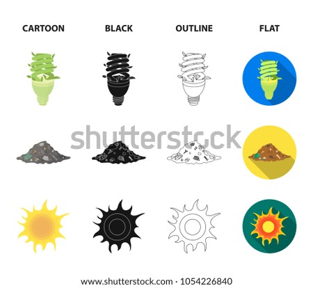 An ecological lamp, the sun, a garbage dump, a sprout from the earth.Bio and ecology set collection icons in cartoon,black,outline,flat style vector symbol stock illustration web.