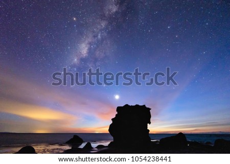 Starry night with Milky Way Galaxy. Image contain Noise and Grain due to High ISO. Image also contain soft focus and blur due to Long exposure and wide aperture.

