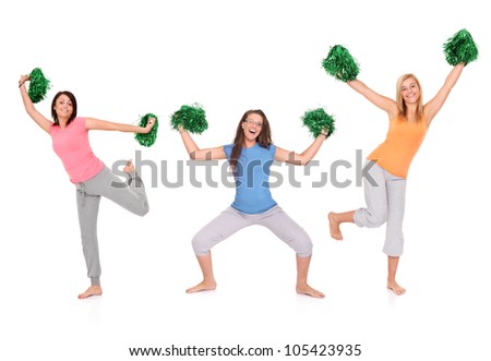 A picture of three young cheerleaders posing over white background