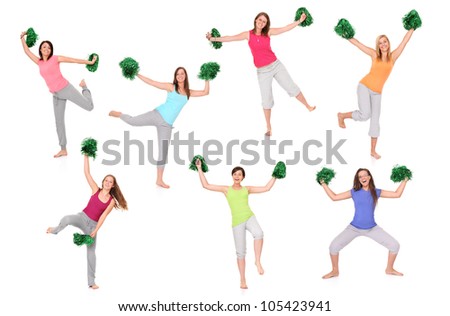 A set of seven pictures of young cheerleaders posing over white background