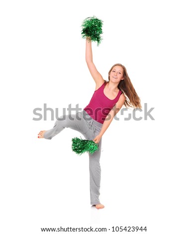 A picture of a young cheerleader posing over white background