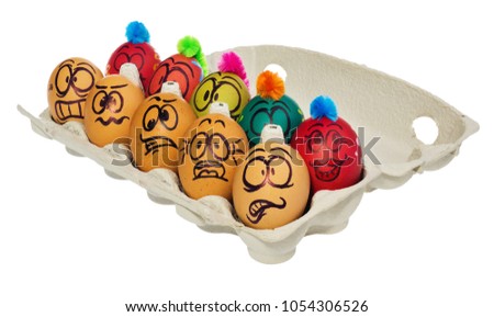 Easter eggs, hand-painted with smiling and terrified cartoon faces. Decorated eggs with funny colorful hairstyles put in a cardboard box, container for eggs. Figures on a white background.