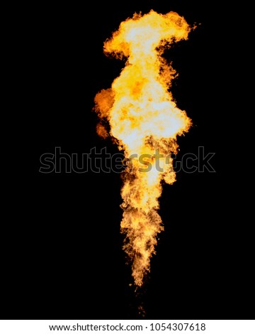 Bright fire, flame jet isolated on black Royalty-Free Stock Photo #1054307618