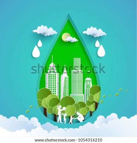 environmental illustration with the concept of paper art. keeping the water, the environment and the city.