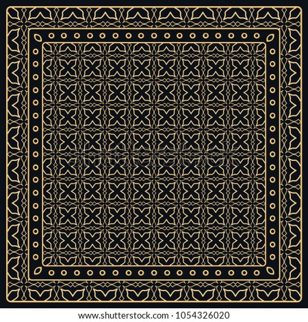 Black and gold abstract graphic pattern. Geometric ornament with frame, border. Line art, lace, embroidery background. Bandanna, shawl, scarf, tablecloth design for textile fabric print