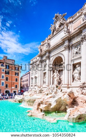 Rome, Italy. Famous Trevi Fountain and Palazzo Poli (Italian: Fontana di Trevi) in italian city of Roma. Royalty-Free Stock Photo #1054350824