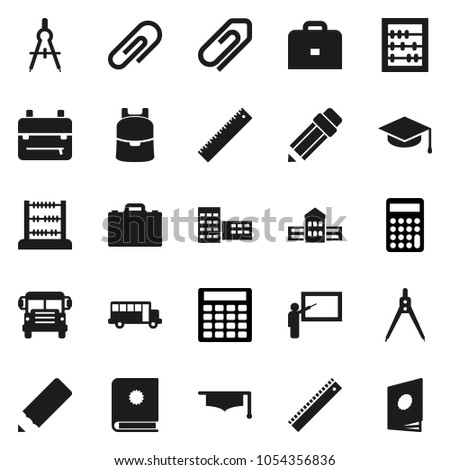 Flat vector icon set - graduate hat vector, pencil, school building, blackboard, ruler, drawing compass, case, backpack, bus, abacus, calculator, attachment, catalog