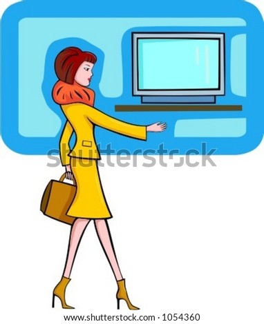 A vector illustration of a shopping red-haired girl with shawl looking at a TV.
