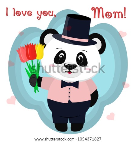 Sweet panda holds three tulips. Congratulations on your mother's day, in the style of cartoons.