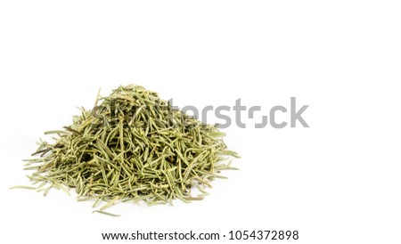 Dried rosemary leaves or needles, isolated over white. copy space, template
