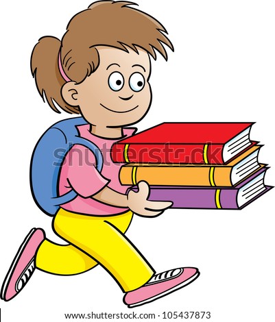 Cartoon illustration of a girl carrying books with a white background
