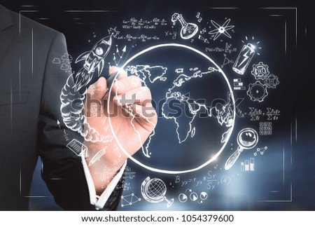 Businessman drawing creative globe sketch on blurry wallpaper. Science and universe concept 