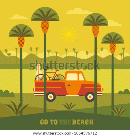Summer vacation concept. Travel by off road car vehicle transport. Tourism trip sign. Mimi van truck with surfboard bicycle driving to beach. Outdoor tourist adventure advertisement banner background