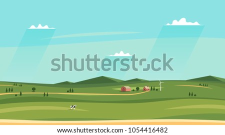 Summer counryside landscape. Horizontal rural sideview landscape. Fields and farm house, sky with clouds. Vector illustration.