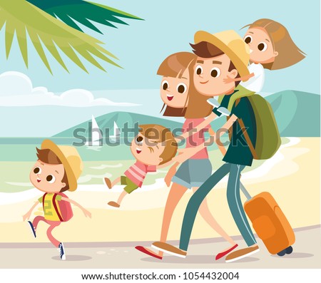 Family on overseas vacation on seashore walking by beach family arrived at tropical resort destination