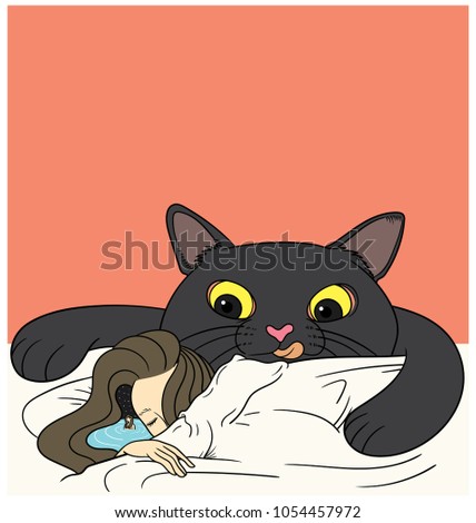 woman sleeping with dream killer cat vector design,t shirt design
