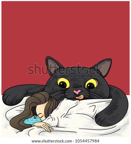 woman sleeping with dream killer cat vector design,t shirt design