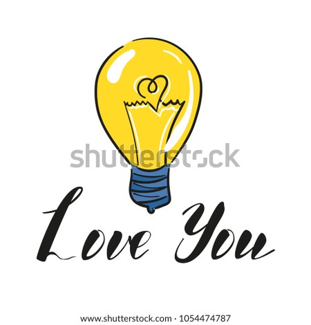 Vector light bulb, symbol of heart and love, symbol of innovation and good ideas. My love lettering