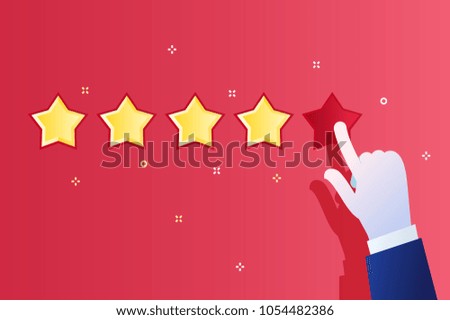 Concept of rating. Hand pushing the star button. Flat design vector illustration