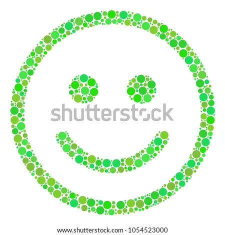 Glad Smiley composition of filled circles in variable sizes and fresh green color tints. Vector dots are combined into glad smiley composition. Eco design concept.