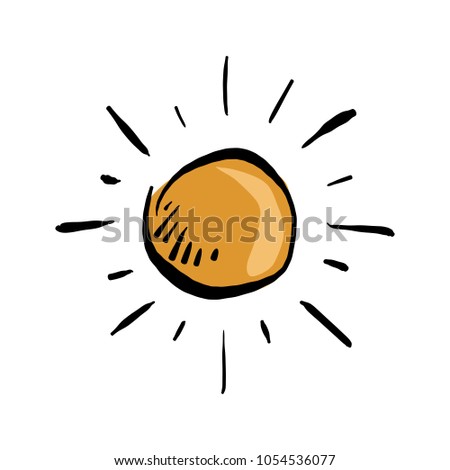 orange sun with rays vector illustration sketch hand drawn with black lines isolated on white background