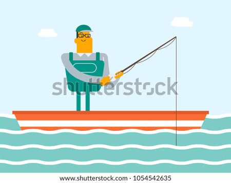 Happy caucasian white fisherman fishing on the lake from the boat. Man relaxing during fishing. Angler standing in the boat with a fishing-rod in hands. Vector cartoon illustration. Horizontal layout.