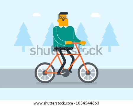Young caucasian white businessman in glasses riding a bike outdoor. Cyclist riding a bicycle in the park. Healthy lifestyle and sport concept. Vector cartoon illustration. Horizontal layout.