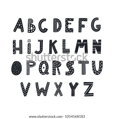 Hand drawn latin alphabet in Scandinavian style with decorative monochrome letters. Make your own lettering. Isolated on white background. Vector illustration. Design concept for typographic poster.