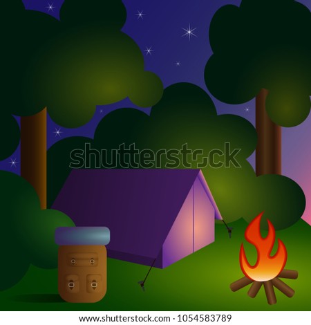 Summer night camping with violet tent, backpack, campfire and starry sky.