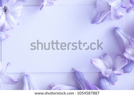 Mock-up white Business card on a white background in purple colours hyacinth
