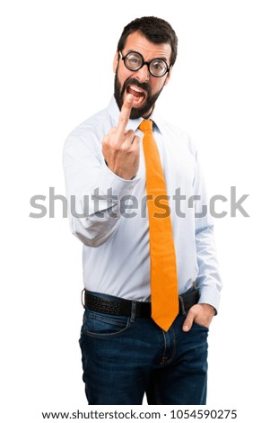Funny man with glasses making horn gesture