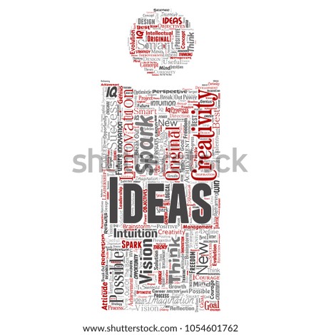 Conceptual creative idea brainstorming human letter font I word cloud isolated background. Collage of spark creativity original, innovation vision, think, achievement or smart genius concept