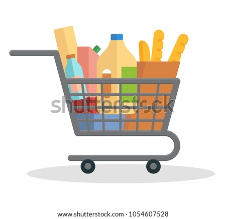 Shopping trolley full of food. Flat vector illustration