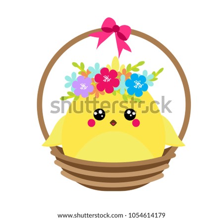 Cute cartoon rooster chicken sitting in basket with flowers. Isolated clip art for Easter design and seasonal greetings.
