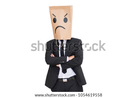 businessman wear paper bag covering head angry emotions 