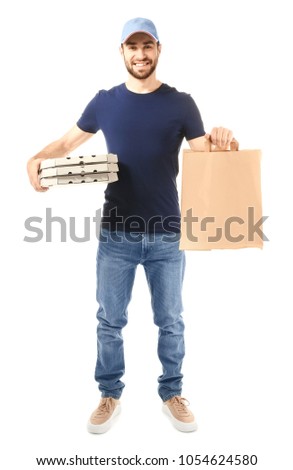 Delivery man with cardboard pizza boxes and paper bag on white background
