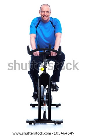 Fitness man on bike. Isolated on white background.