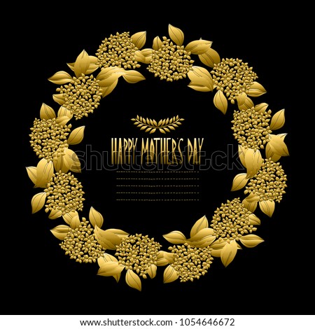 Elegant golden wreath with decorative hydrangea  flowers, design element. Can be used for wedding, baby shower, mothers day, valentines day, birthday cards, invitations. Editable