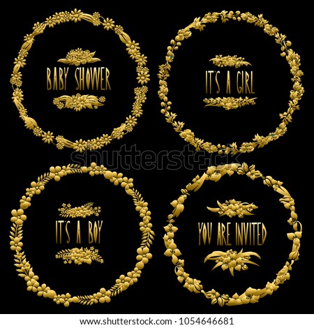 Elegant golden wreaths with decorative  flowers, design elements. Can be used for wedding, baby shower, mothers day, valentines day, birthday cards, invitations. Editable