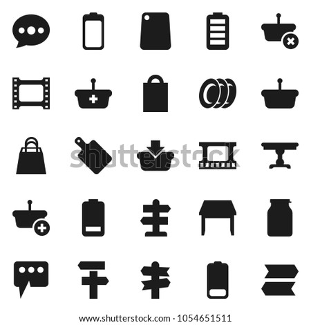 Flat vector icon set - plates vector, cutting board, jar, signpost, film frame, battery, message, table, shopping bag, basket