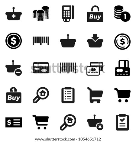 Flat vector icon set - dollar coin vector, cart, credit card, stack, receipt, search estate, buy, barcode, reader, basket, shopping list