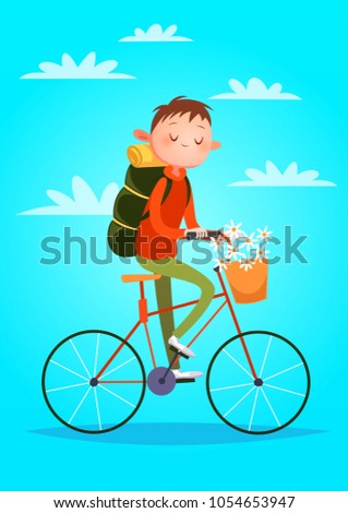 Vector character illustration. Cartoon style. Tourist riding a bycicle.