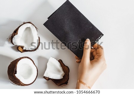 coconut cut. black empty template for chronicle. vitamin. gold jewelry
