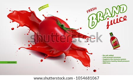 Fresh Tomato Juice In Glass Bottle With Sliced Tomato Juice Splash. EPS10 Vector Royalty-Free Stock Photo #1054681067