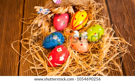 Happy Easter background, Bunny and Easter eggs in nest 