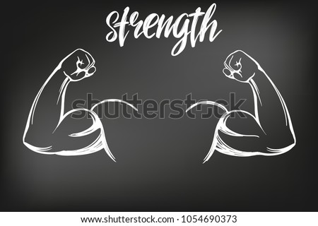 arm, bicep, strong hand icon cartoon calligraphic text symbol hand drawn vector illustration sketch, drawn in chalk on a black Board Royalty-Free Stock Photo #1054690373